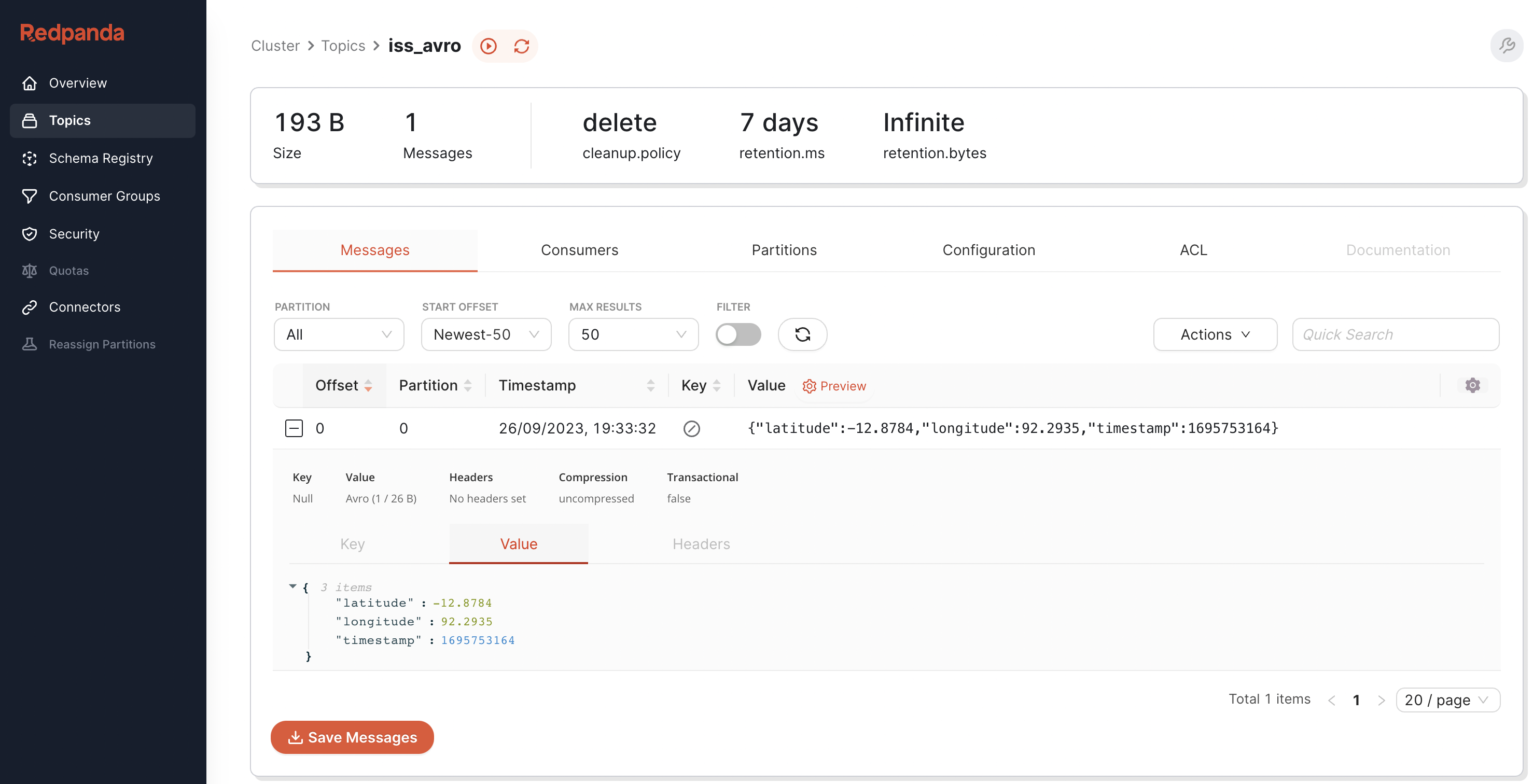 Redpanda Console showing the decoded message